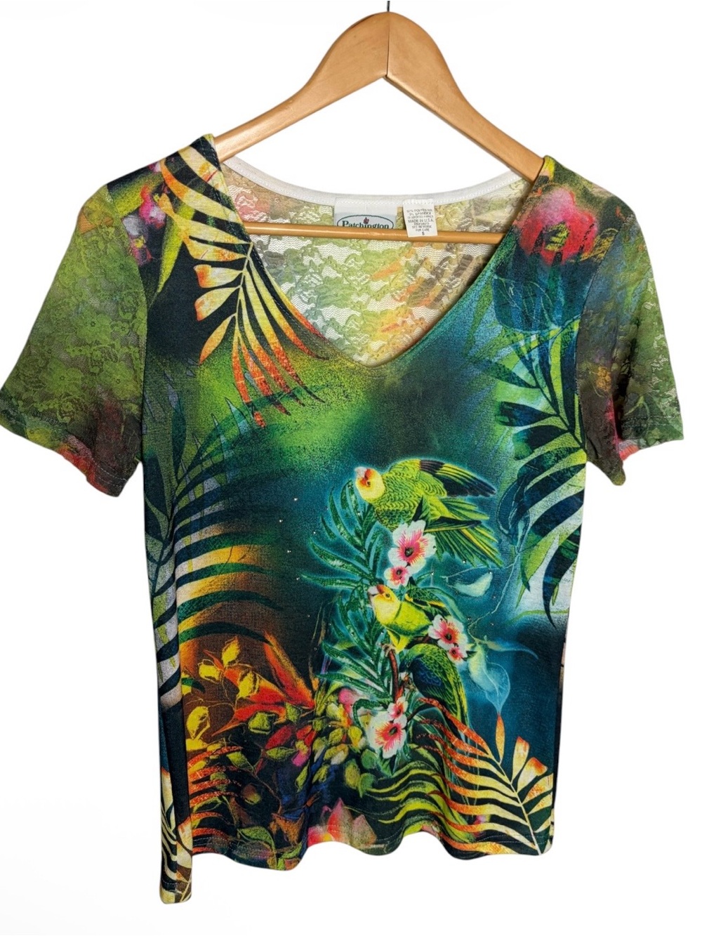 Y2K rhinestone patriots tropical lace v neck blouse size S